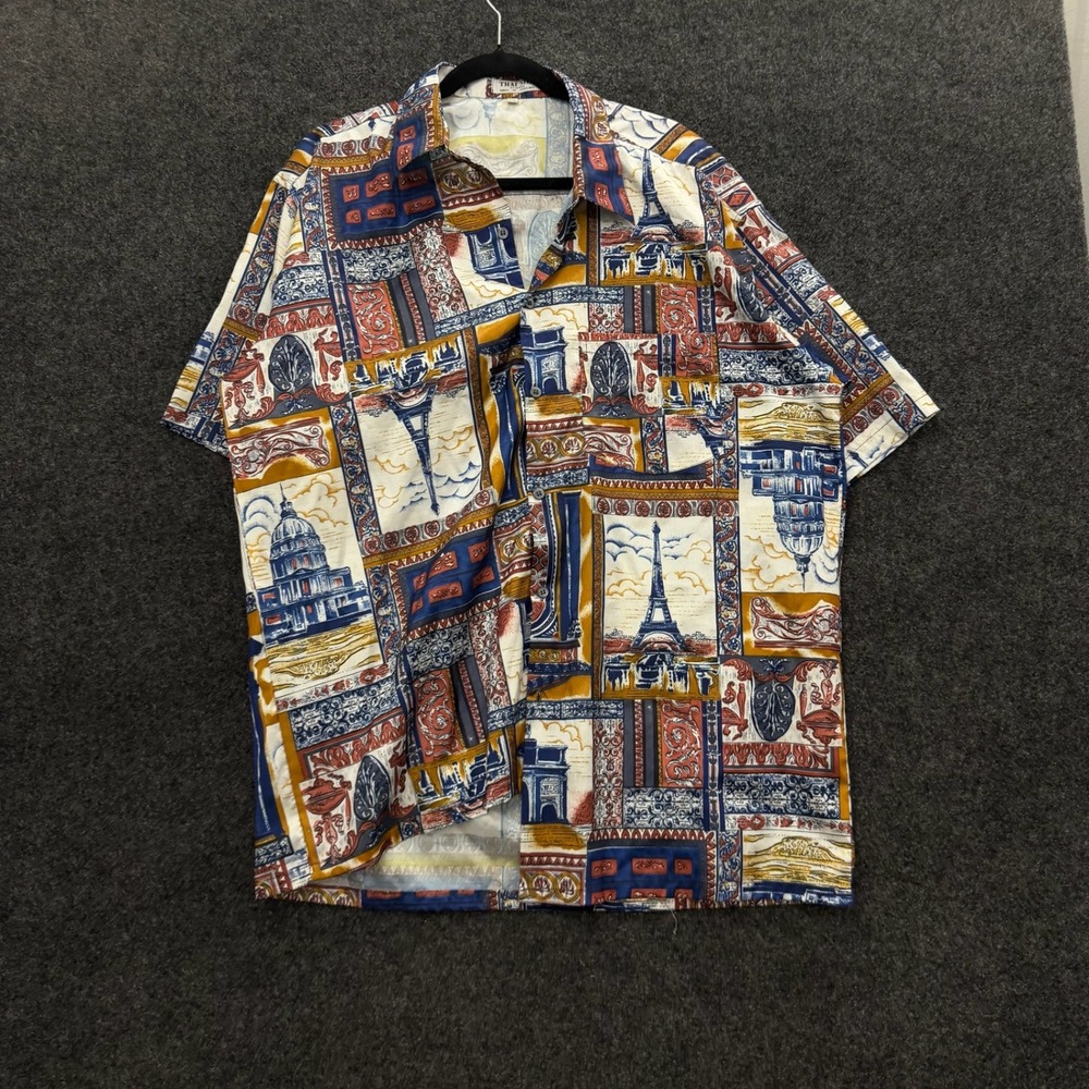 Vintage 90s Thai Silk by Apple Paris Eiffel Tower Print Button Down Shirt XXL